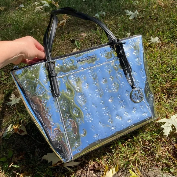 Michael Kors Metallic Silver Monogram Mirror Zipper Top Ciara Tote Bag Purse - Picture 9 of 17